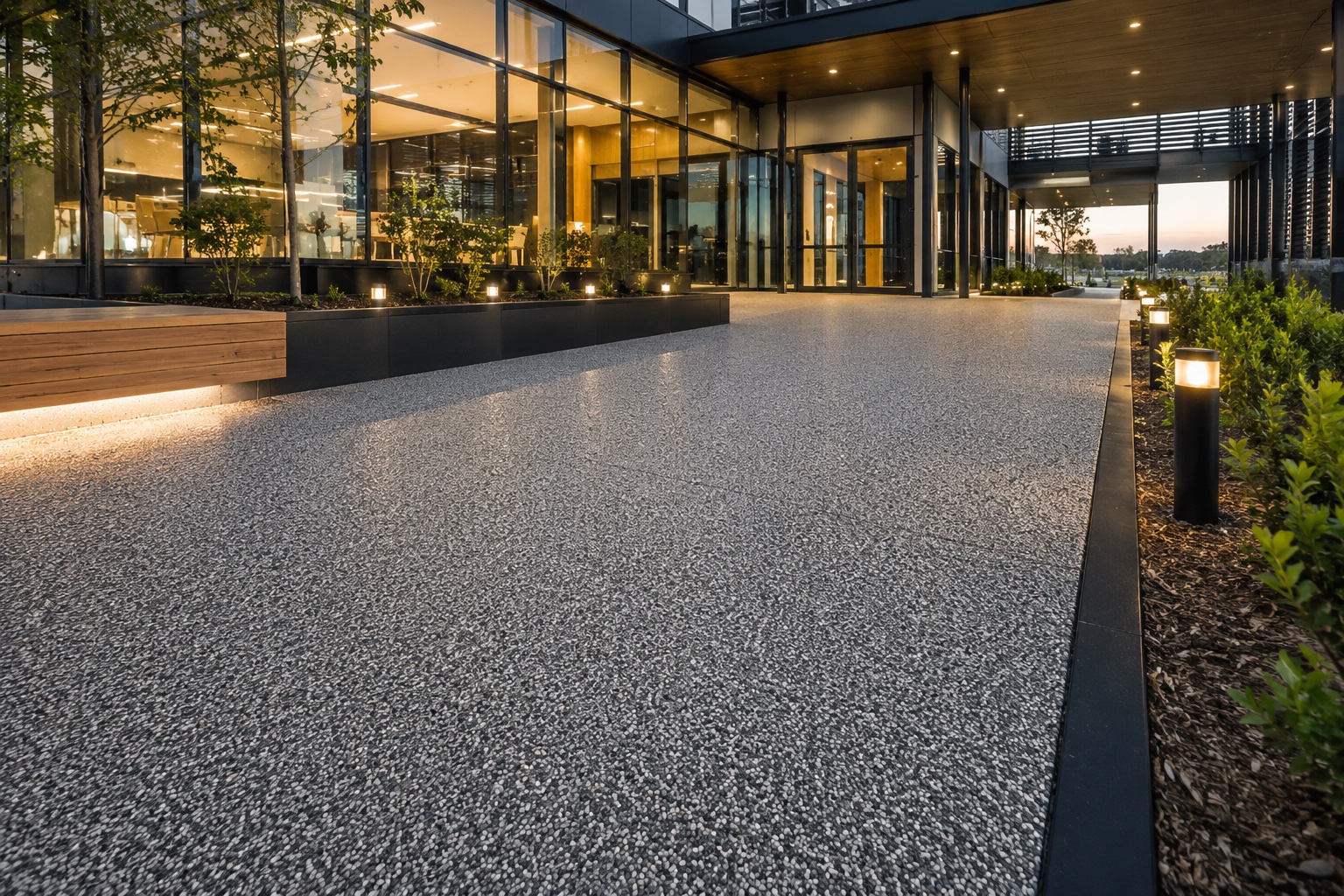 Resin bound forecourt paving at a commercial building entrance in the evening, with landscaped garden beds and bollard lighting