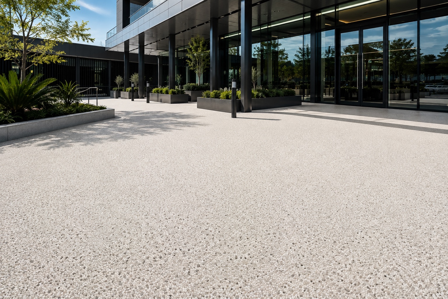 Resin bound forecourt paving at a commercial building entrance