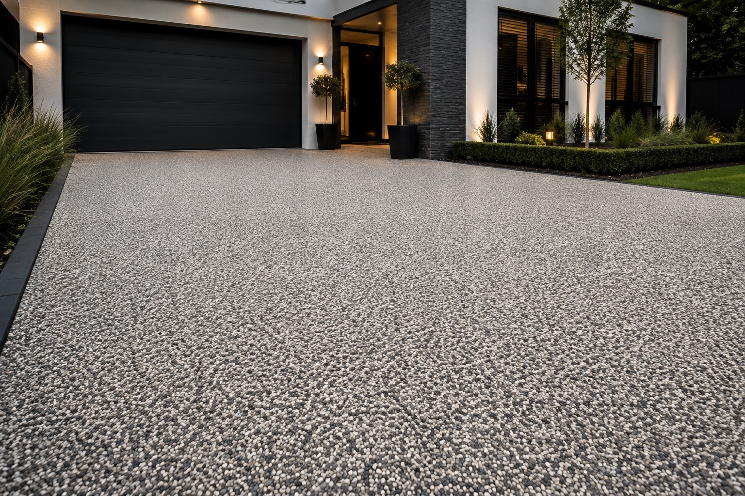 Cream resin bound driveway at a contemporary Melbourne home entrance