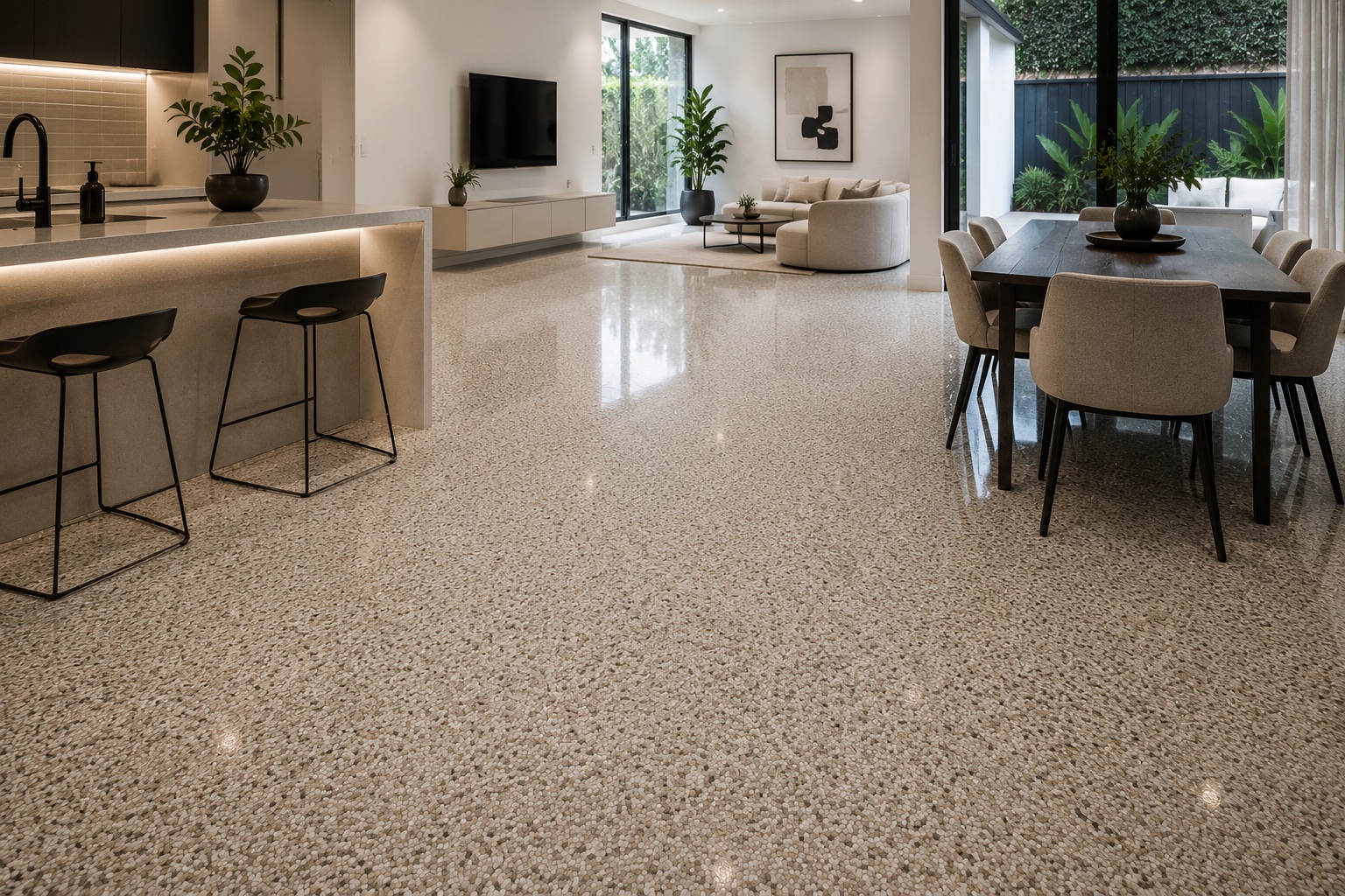 Polished seamless resin floor running through an open-plan kitchen, dining and living area