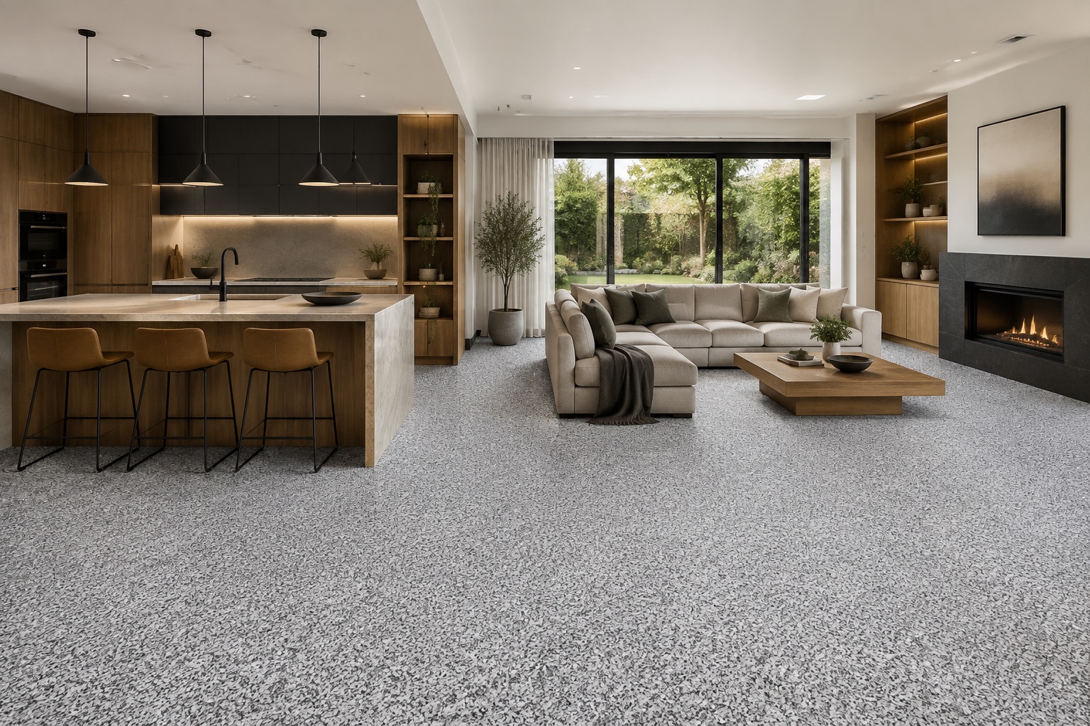 Seamless grey resin stone floor through an open-plan kitchen and living area with a fireplace and garden view