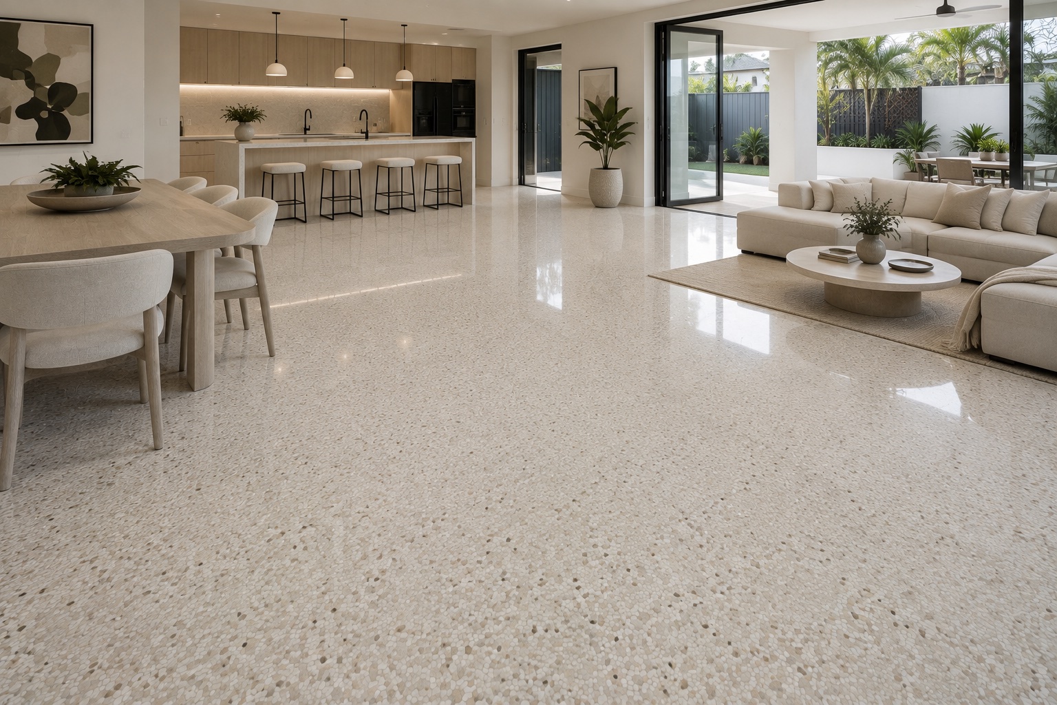 Close-up of a polished seamless resin floor finish through an open-plan living and dining space