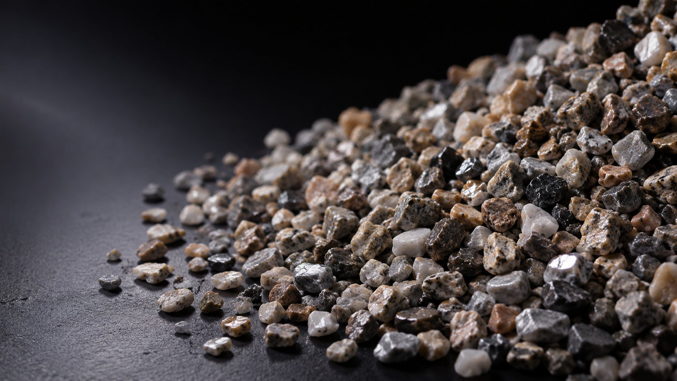 Natural stone aggregate blend on a dark studio surface