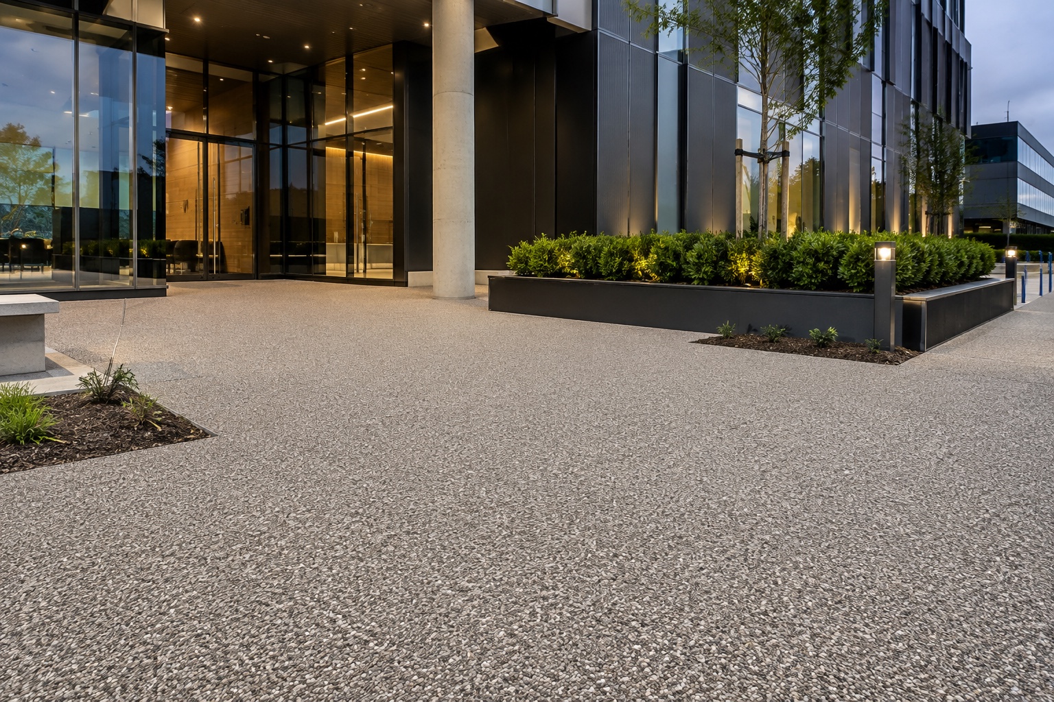 Resin bound permeable paving at the entrance to a contemporary Melbourne building