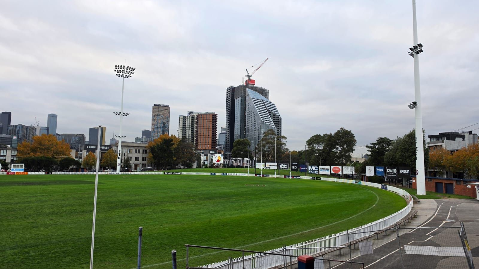 ETU Stadium oval with the Melbourne skyline beyond