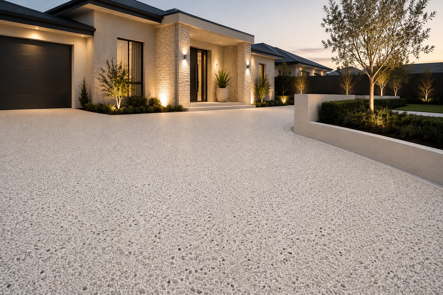 Resin bound driveway to a modern residential home, lit at dusk