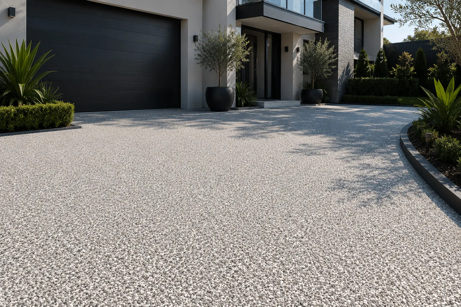 Resin bound driveway in silver-grey aggregate laid over an existing concrete drive at a contemporary Melbourne home