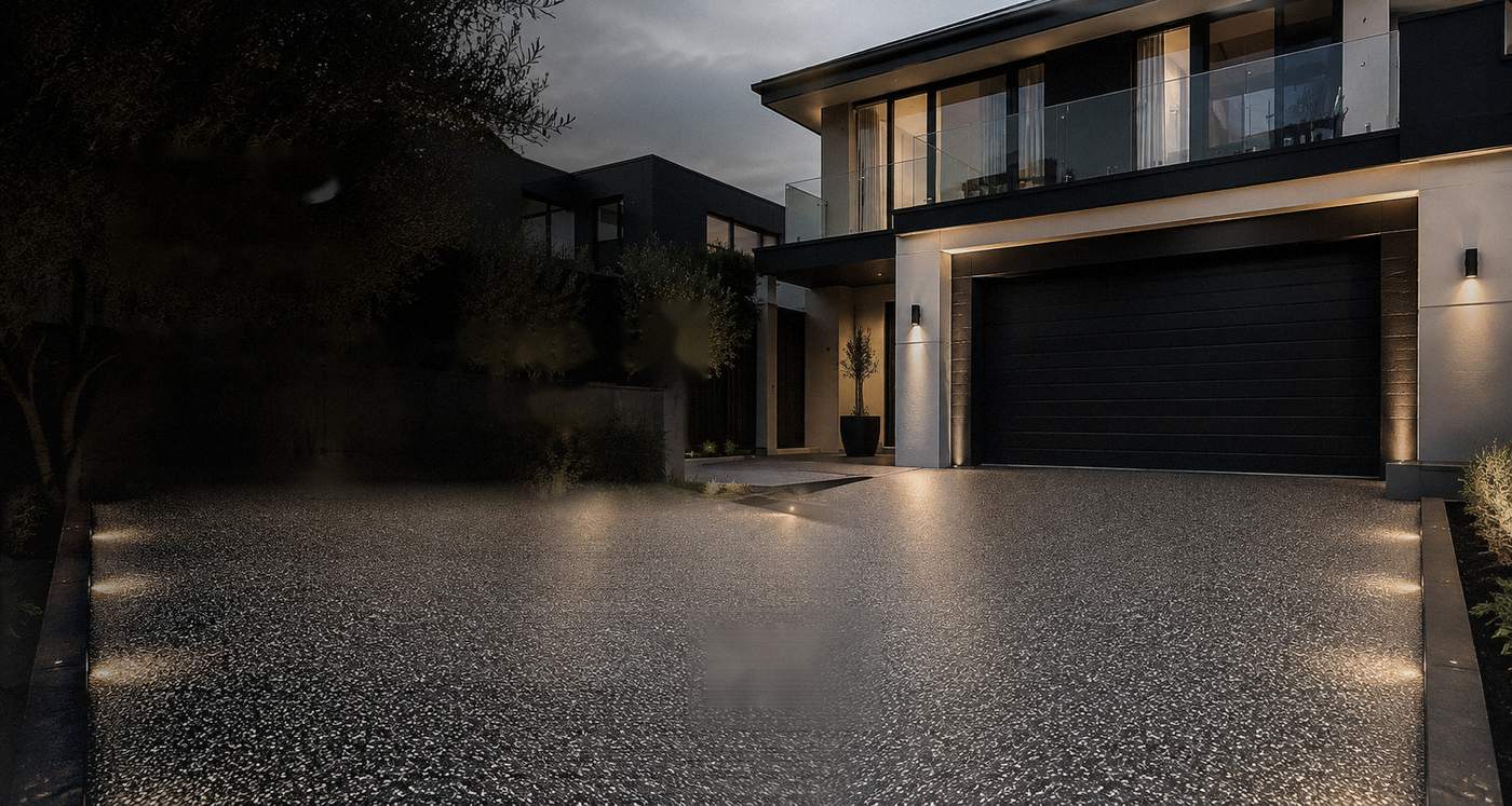 Resin bound driveway in charcoal aggregate at a contemporary Melbourne home