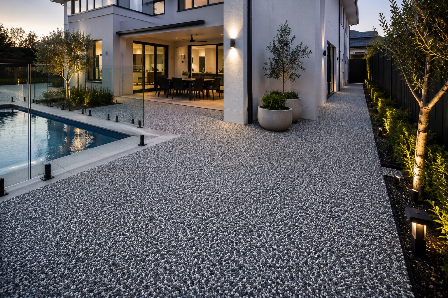 Resin bound perimeter path beside a glass-fenced pool at dusk, running along the side of a contemporary home