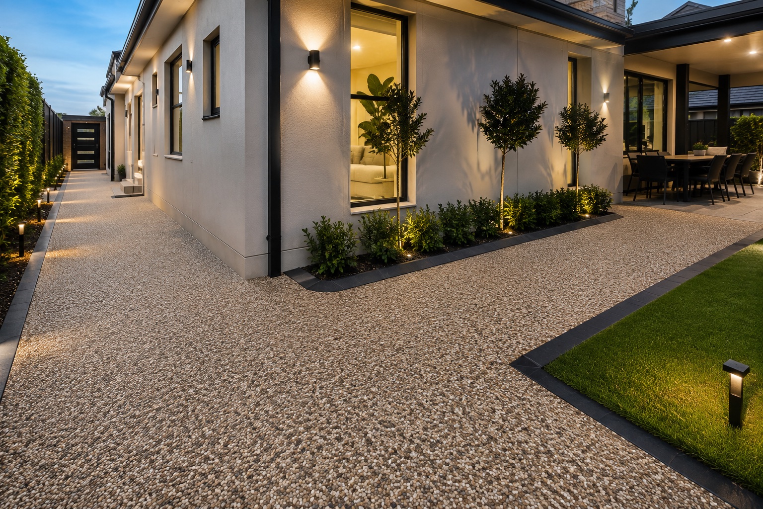 Resin bound side path running along the perimeter of a contemporary home, lit by wall lights and garden lighting