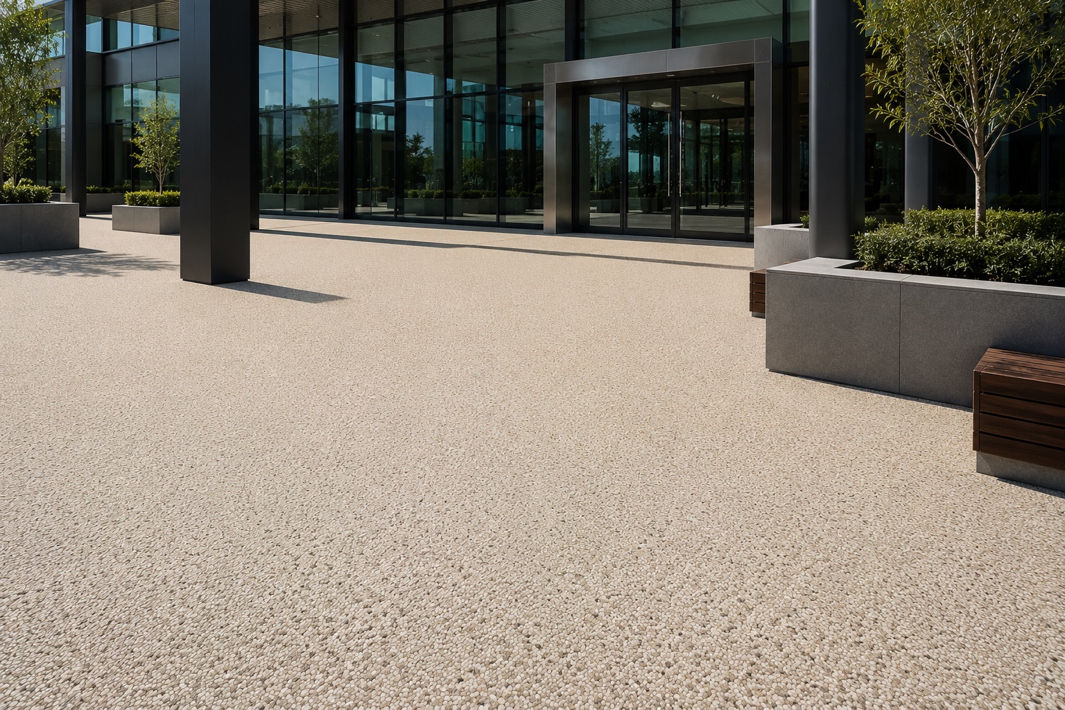 Resin bound forecourt paving beneath a commercial building entrance with planters and seating
