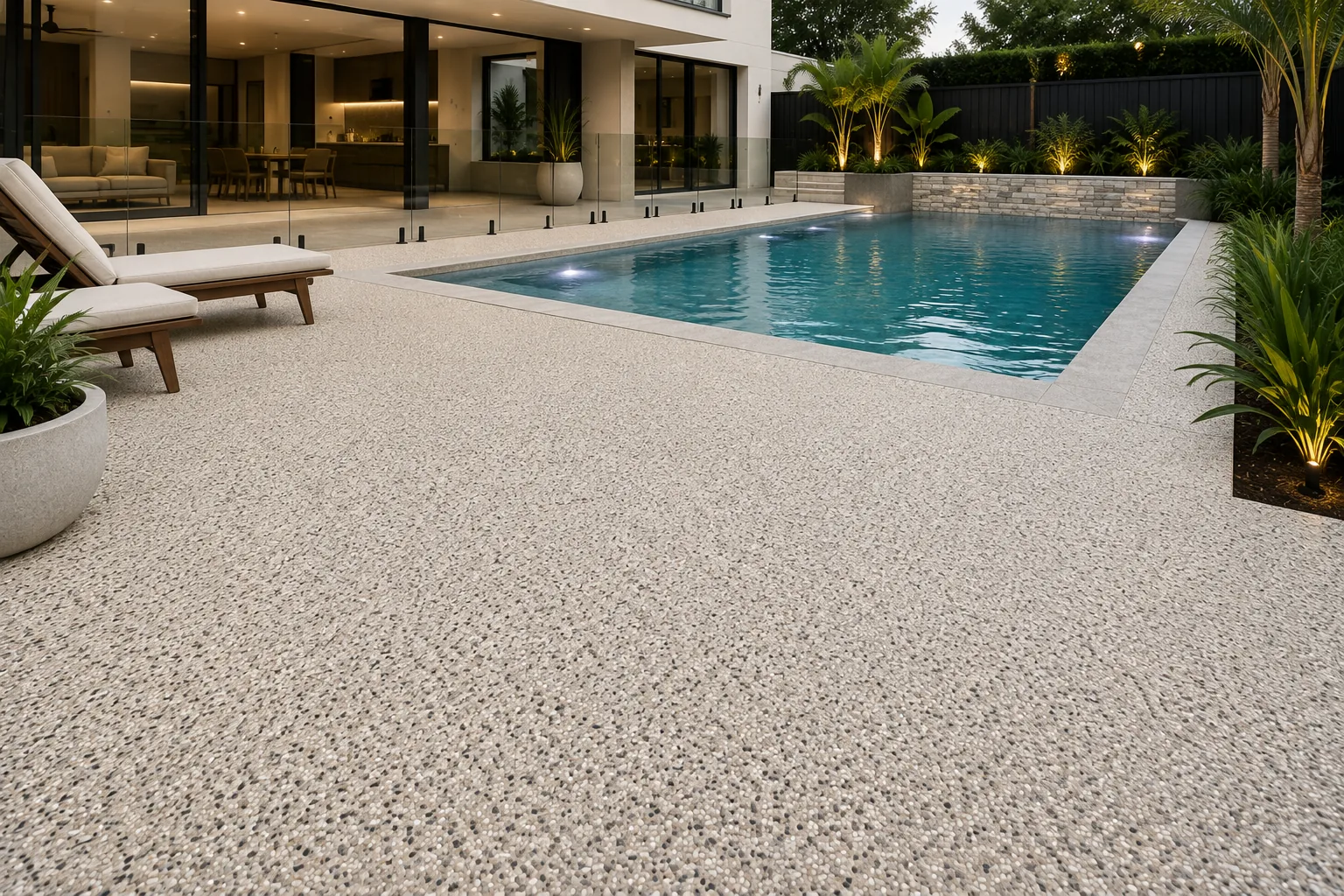 Resin bound pool surround in pale aggregate beside a glass-fenced swimming pool