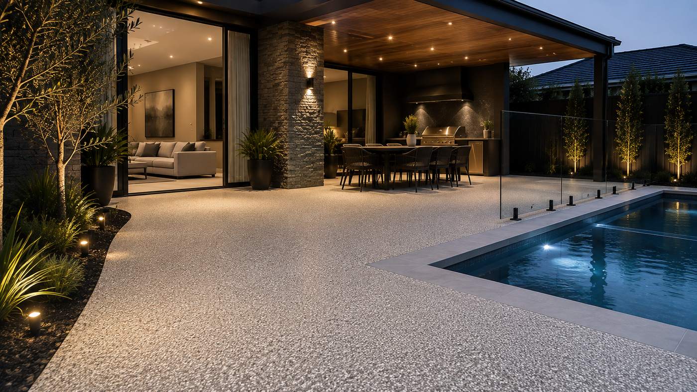 Resin bound outdoor entertaining surface beside a tropical pool and landscaped garden