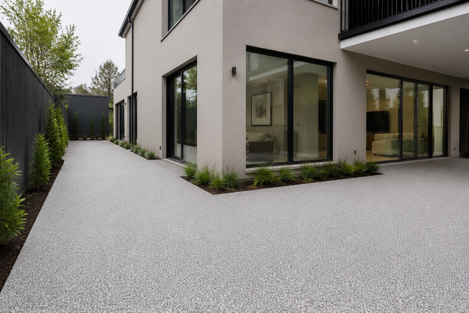 Resin bound house surround in light grey aggregate wrapping the side path and rear patio of a rendered contemporary home
