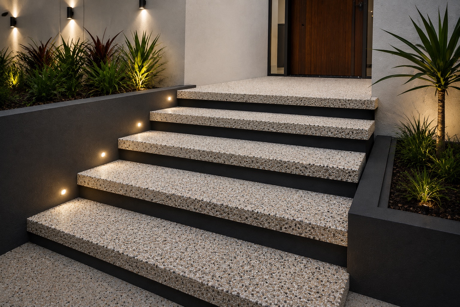 Resin bound entry steps with a pale aggregate finish and integrated edge lighting at a contemporary home