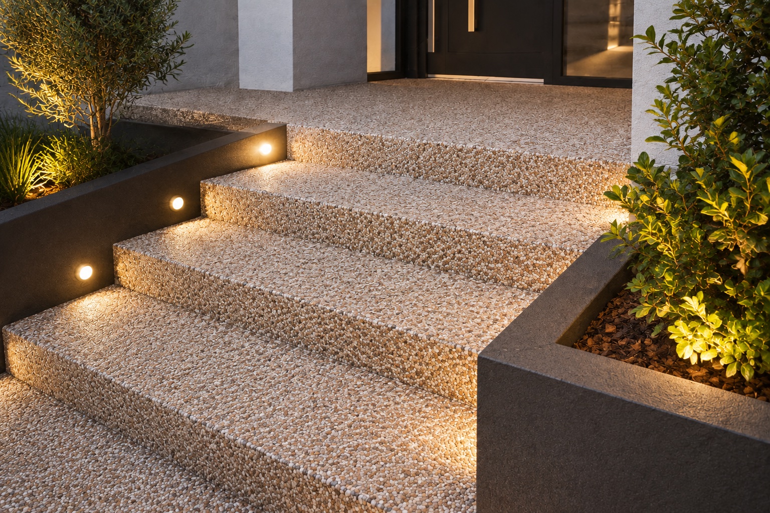 Close-up of resin bound step treads and nosing edges with integrated lighting beside a planter